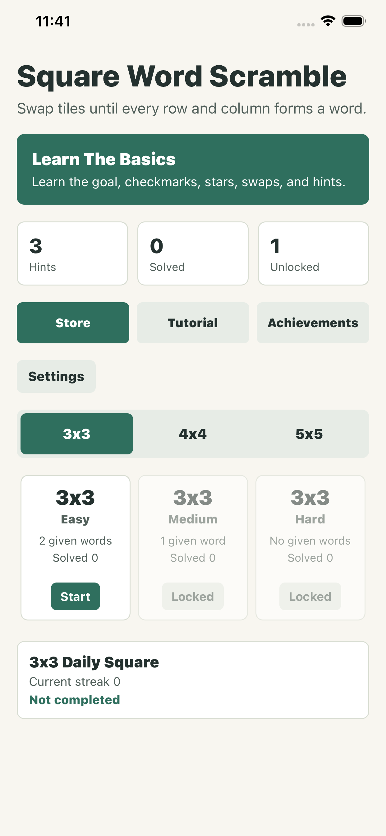 Square Word Scramble mode selection screen